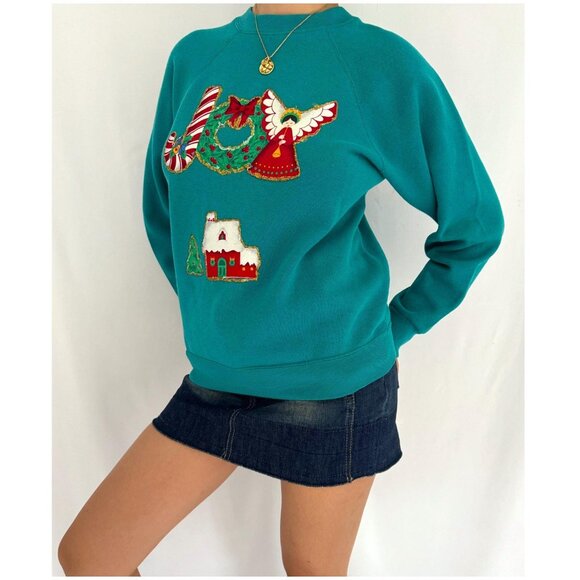 90s vintage reworked green festive holiday JOY christmas pullover sweatshirt - Picture 3 of 8